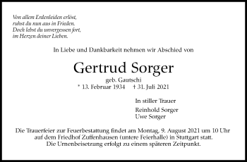 Traueranzeige von Gertrud Sorger von Stuttgarter Zeitung / Stuttgarter Nachrichten