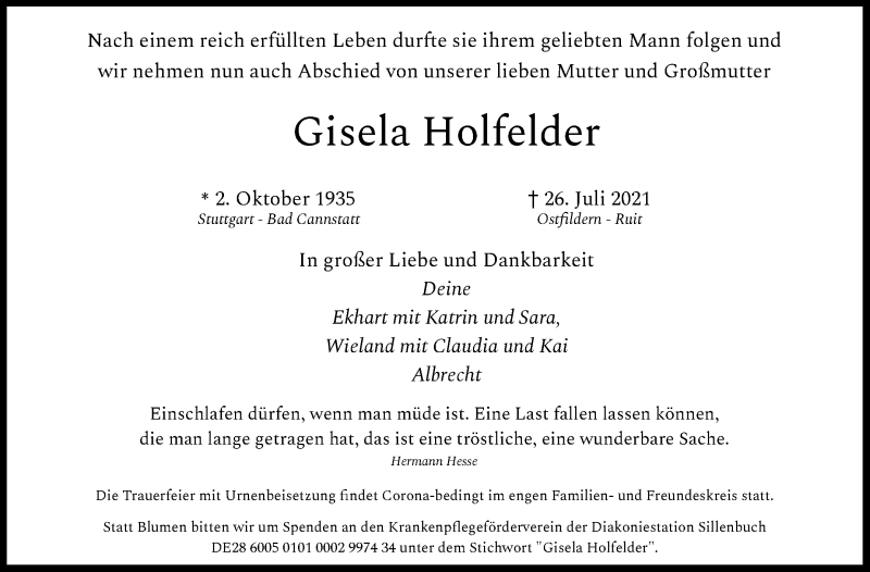  Traueranzeige für Gisela Holfelder vom 07.08.2021 aus Stuttgarter Zeitung / Stuttgarter Nachrichten