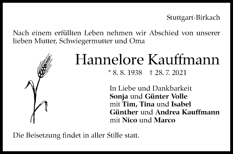  Traueranzeige für Hannelore Kauffmann vom 04.08.2021 aus Stuttgarter Zeitung / Stuttgarter Nachrichten