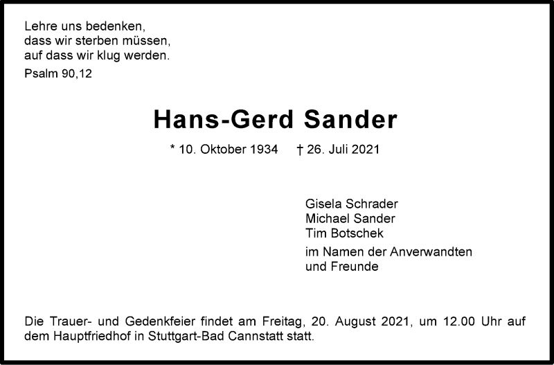  Traueranzeige für Hans-Gerd Sander vom 14.08.2021 aus Stuttgarter Zeitung / Stuttgarter Nachrichten
