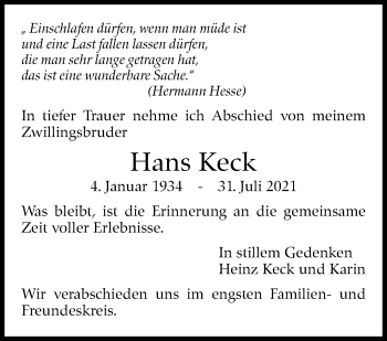 Traueranzeige von Hans Keck von Stuttgarter Zeitung / Stuttgarter Nachrichten
