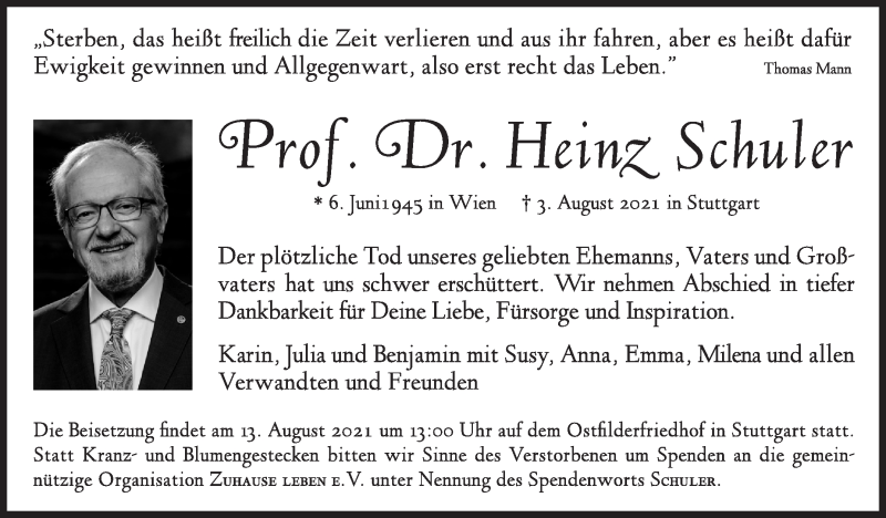  Traueranzeige für Heinz Schuler vom 07.08.2021 aus Stuttgarter Zeitung / Stuttgarter Nachrichten