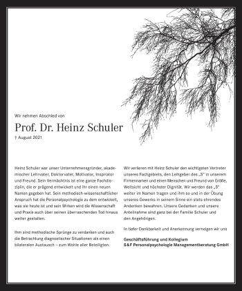 Traueranzeige von Heinz Schuler von Stuttgarter Zeitung / Stuttgarter Nachrichten