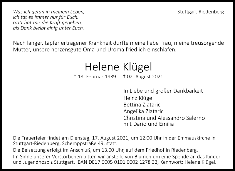  Traueranzeige für Helene Klügel vom 11.08.2021 aus Stuttgarter Zeitung / Stuttgarter Nachrichten