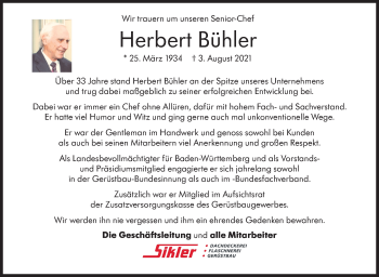 Traueranzeige von Herbert Bühler von Stuttgarter Zeitung / Stuttgarter Nachrichten