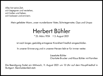 Traueranzeige von Herbert Bühler von Stuttgarter Zeitung / Stuttgarter Nachrichten
