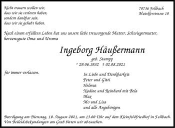 Traueranzeige von Ingeborg Häußermann von Stuttgarter Zeitung / Stuttgarter Nachrichten