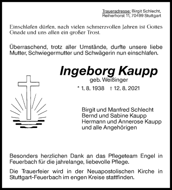 Traueranzeige von Ingeborg Kaupp von Stuttgarter Zeitung / Stuttgarter Nachrichten