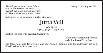 Traueranzeige von Jutta Veil von Stuttgarter Zeitung / Stuttgarter Nachrichten