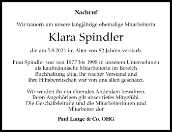 Traueranzeige von Klara Spindler von Stuttgarter Zeitung / Stuttgarter Nachrichten