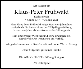 Traueranzeige von Klaus-Peter Frühwald von Stuttgarter Zeitung / Stuttgarter Nachrichten