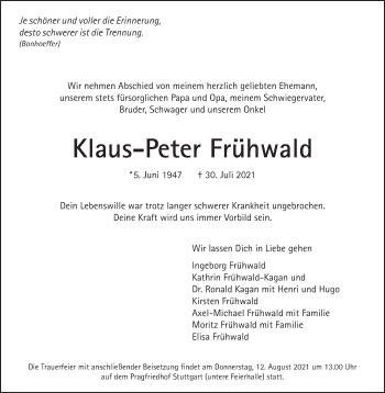 Traueranzeige von Klaus-Peter Frühwald von Stuttgarter Zeitung / Stuttgarter Nachrichten