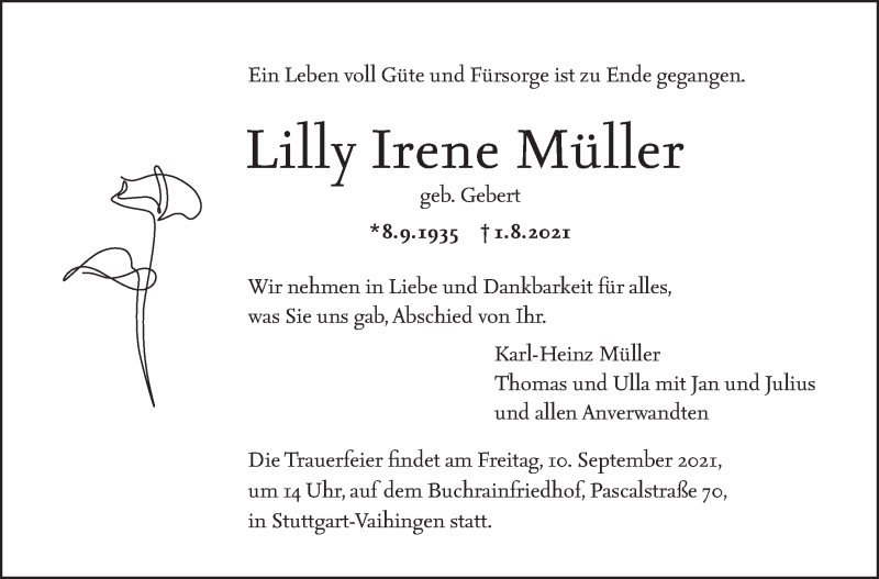  Traueranzeige für Lilly-Irene Müller vom 28.08.2021 aus Stuttgarter Zeitung / Stuttgarter Nachrichten