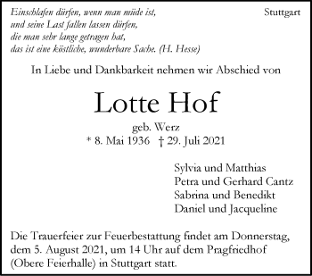 Traueranzeige von Lotte Hof von Stuttgarter Zeitung / Stuttgarter Nachrichten