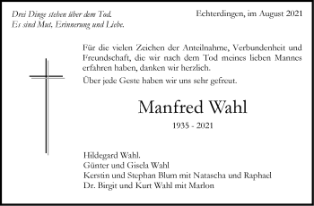 Traueranzeige von Manfred Wahl von Stuttgarter Zeitung / Stuttgarter Nachrichten