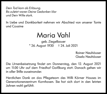 Traueranzeige von Maria Vahl von Stuttgarter Zeitung / Stuttgarter Nachrichten