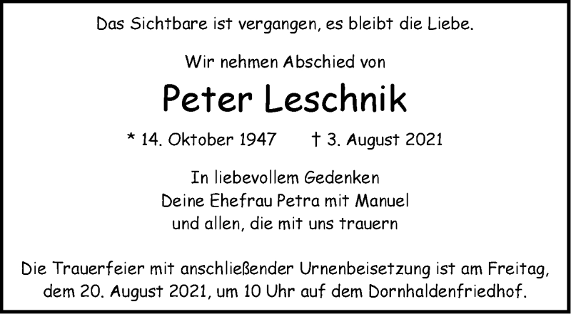  Traueranzeige für Peter Leschnik vom 13.08.2021 aus Stuttgarter Zeitung / Stuttgarter Nachrichten
