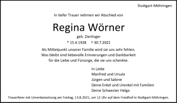 Traueranzeige von Regina Wörner von Stuttgarter Zeitung / Stuttgarter Nachrichten
