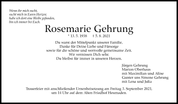 Traueranzeige von Rosemarie Gehrung von Stuttgarter Zeitung / Stuttgarter Nachrichten