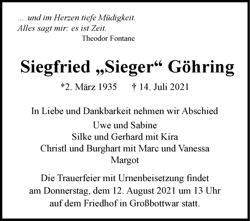  Traueranzeige für Siegfried Göhring vom 07.08.2021 aus Stuttgarter Zeitung / Stuttgarter Nachrichten