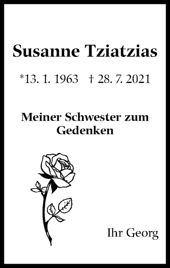 Traueranzeige von Susanne Tziatzias von Stuttgarter Zeitung / Stuttgarter Nachrichten