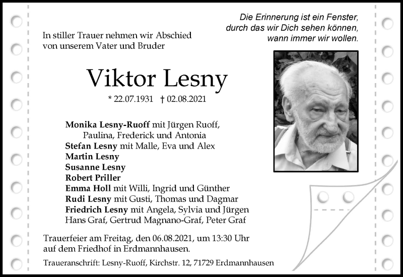  Traueranzeige für Viktor Lesny vom 05.08.2021 aus Stuttgarter Zeitung / Stuttgarter Nachrichten