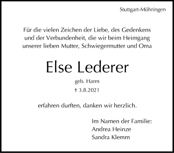 Traueranzeige von Else Lederer von Stuttgarter Zeitung / Stuttgarter Nachrichten
