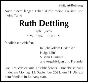 Traueranzeige von Ruth Dettling von Stuttgarter Zeitung / Stuttgarter Nachrichten