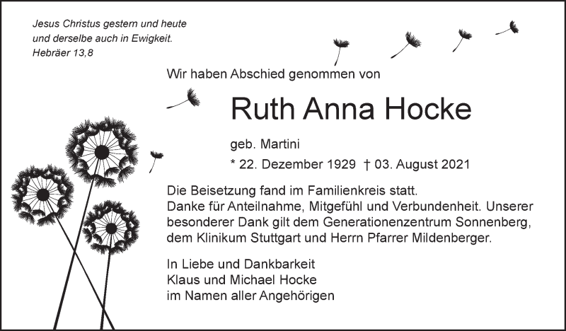  Traueranzeige für Ruth Anna Hocke vom 23.09.2021 aus Stuttgarter Zeitung / Stuttgarter Nachrichten
