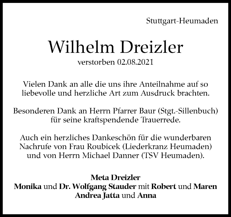  Traueranzeige für Wilhelm Dreizler vom 03.09.2021 aus Stuttgarter Zeitung / Stuttgarter Nachrichten