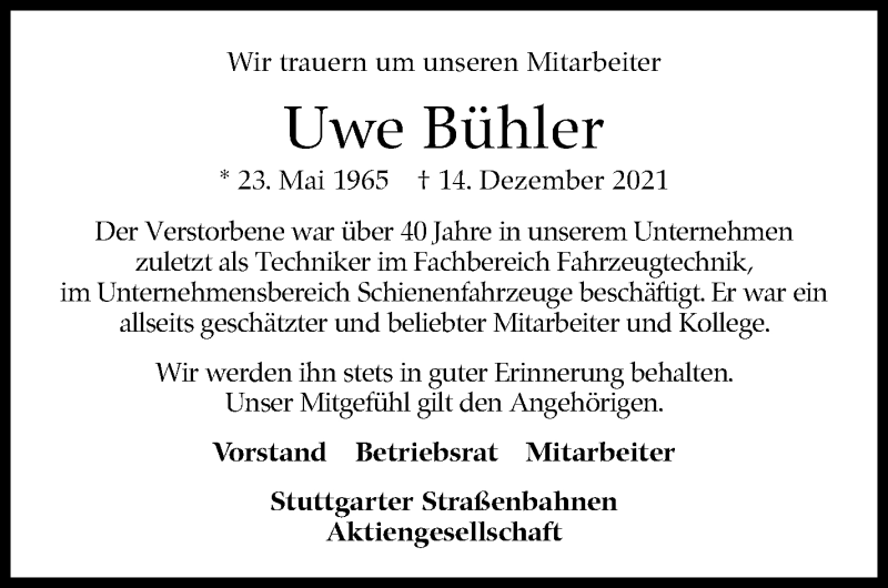  Traueranzeige für Uwe Bühler vom 04.01.2022 aus Stuttgarter Zeitung / Stuttgarter Nachrichten