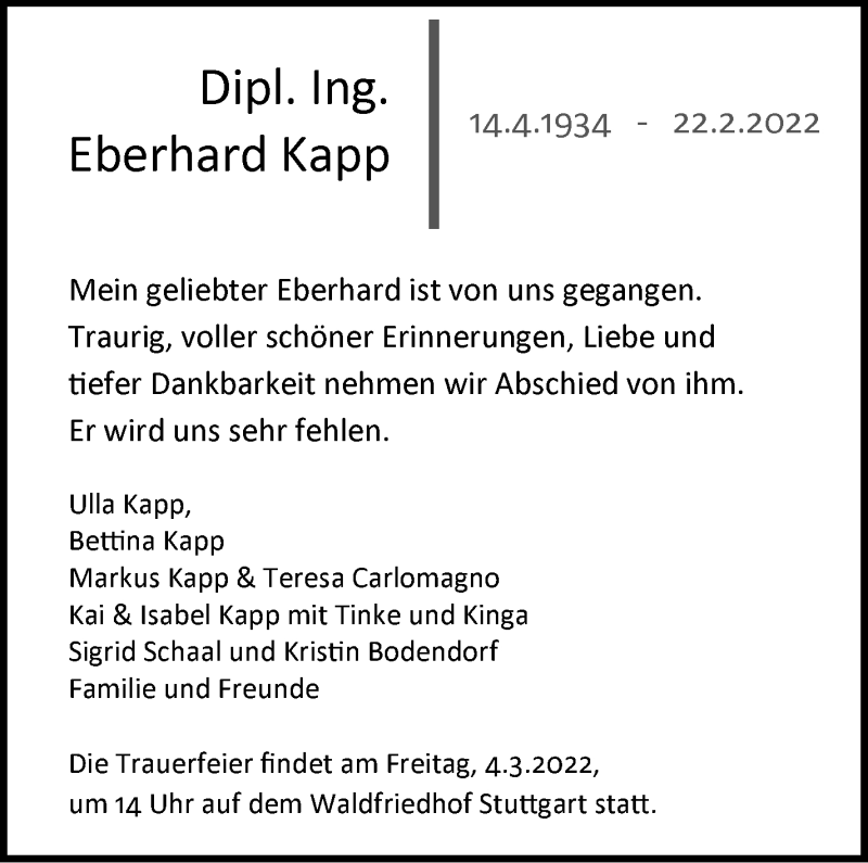  Traueranzeige für Eberhard Kapp vom 26.02.2022 aus Stuttgarter Zeitung / Stuttgarter Nachrichten