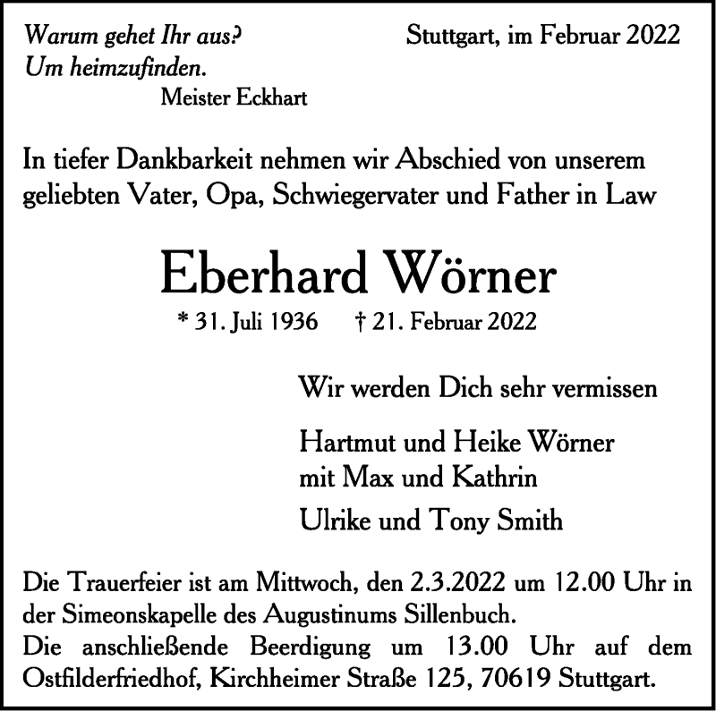  Traueranzeige für Eberhard Wörner vom 26.02.2022 aus Stuttgarter Zeitung / Stuttgarter Nachrichten