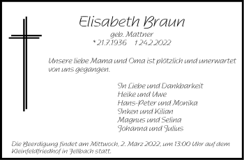Traueranzeige von Elisabeth Braun von Stuttgarter Zeitung / Stuttgarter Nachrichten
