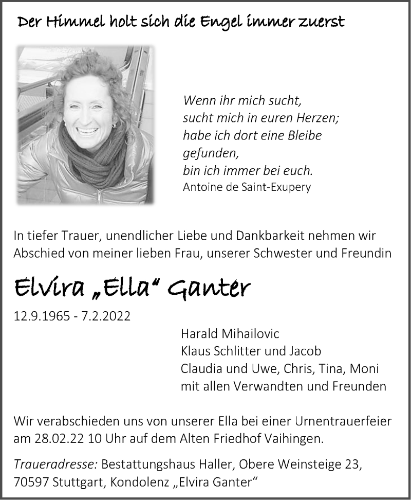 Traueranzeige für Elvira Ganter vom 19.02.2022 aus Stuttgarter Zeitung / Stuttgarter Nachrichten