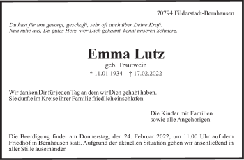 Traueranzeige von Emma Lutz von Stuttgarter Zeitung / Stuttgarter Nachrichten