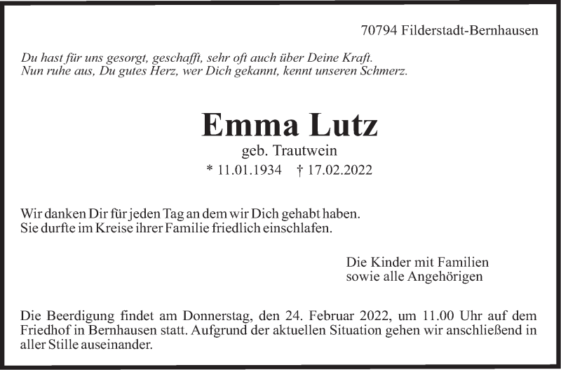  Traueranzeige für Emma Lutz vom 22.02.2022 aus Stuttgarter Zeitung / Stuttgarter Nachrichten