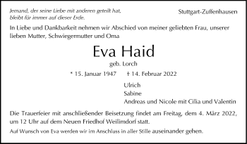 Traueranzeige von Eva Haid von Stuttgarter Zeitung / Stuttgarter Nachrichten