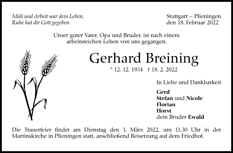  Traueranzeige für Gerhard Breining vom 25.02.2022 aus Stuttgarter Zeitung / Stuttgarter Nachrichten