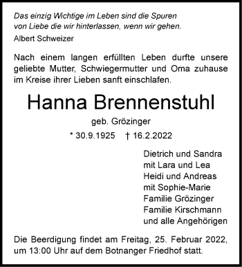 Traueranzeige von Hanna Brennenstuhl von Stuttgarter Zeitung / Stuttgarter Nachrichten