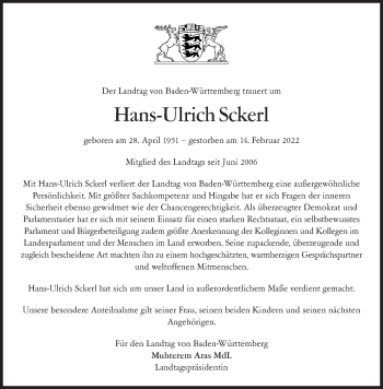 Traueranzeige von Hans-Ulrich Sckerl von Stuttgarter Zeitung / Stuttgarter Nachrichten