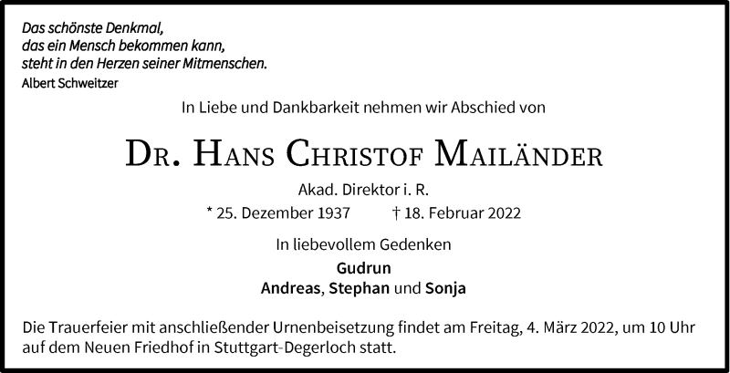  Traueranzeige für Hans Christof Mailänder vom 25.02.2022 aus Stuttgarter Zeitung / Stuttgarter Nachrichten
