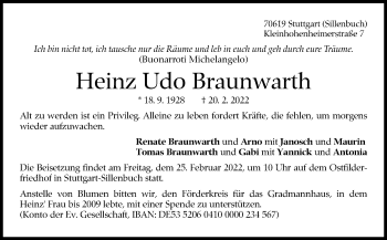 Traueranzeige von Heinz Udo Braunwarth von Stuttgarter Zeitung / Stuttgarter Nachrichten