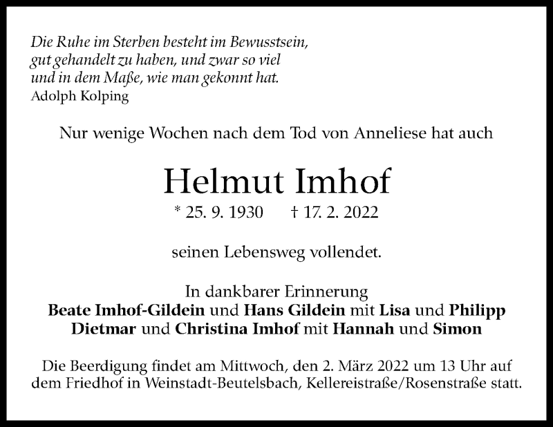  Traueranzeige für Helmut Imhof vom 28.02.2022 aus Stuttgarter Zeitung / Stuttgarter Nachrichten