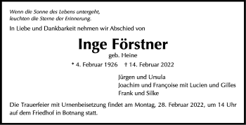 Traueranzeige von Inge Förstner von Stuttgarter Zeitung / Stuttgarter Nachrichten
