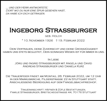 Traueranzeige von Ingeborg Strassburger von Stuttgarter Zeitung / Stuttgarter Nachrichten