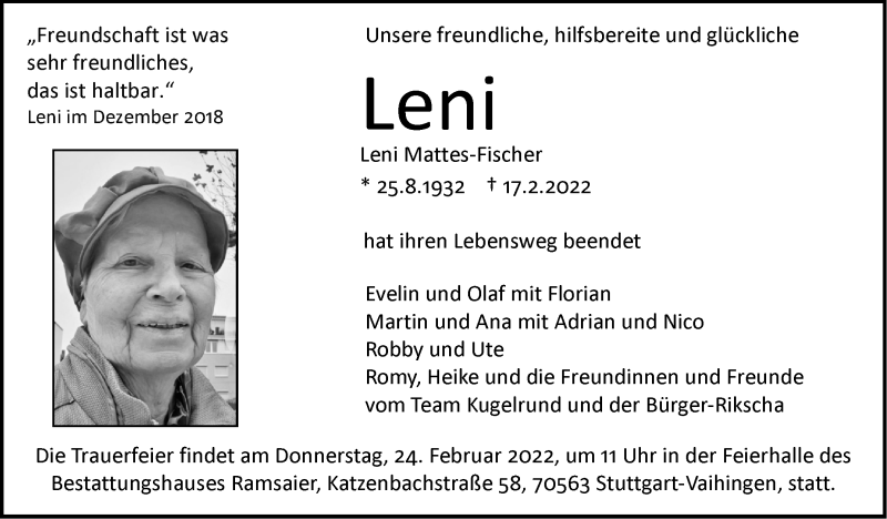  Traueranzeige für Leni Mattes-Fischer vom 19.02.2022 aus Stuttgarter Zeitung / Stuttgarter Nachrichten