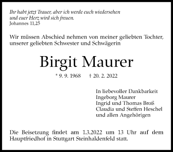Traueranzeige von Maurer Birgit von Stuttgarter Zeitung / Stuttgarter Nachrichten