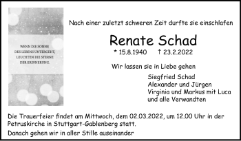Traueranzeige von Renate Schad von Stuttgarter Zeitung / Stuttgarter Nachrichten