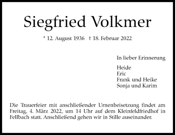 Traueranzeige von Siegfried Volkmer von Stuttgarter Zeitung / Stuttgarter Nachrichten